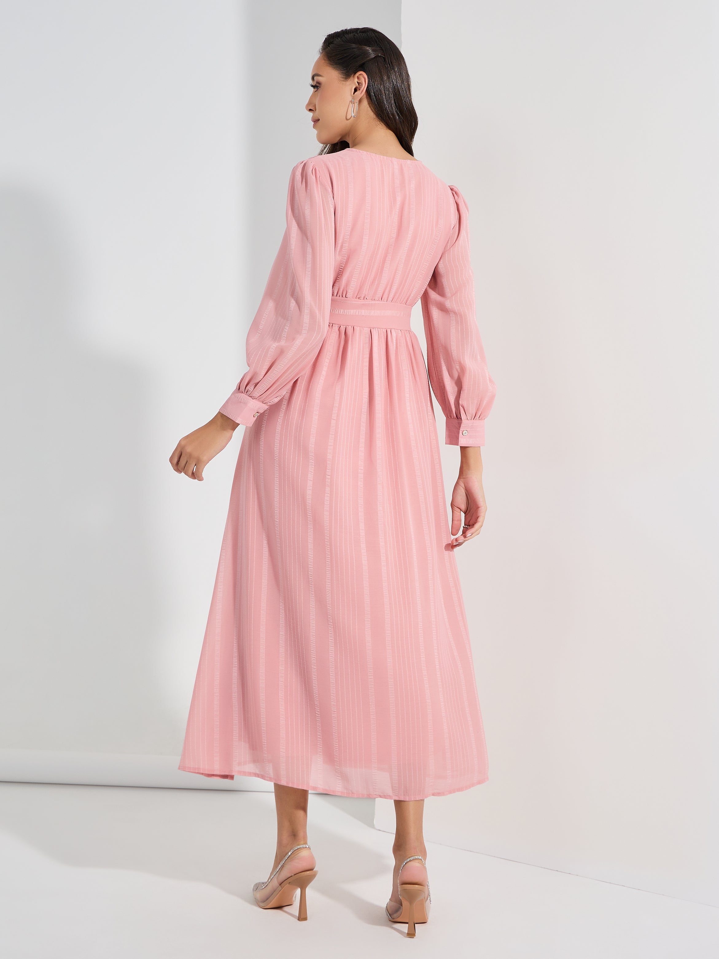 Women's Pink Volume Sleeve A-Line Maxi Dress