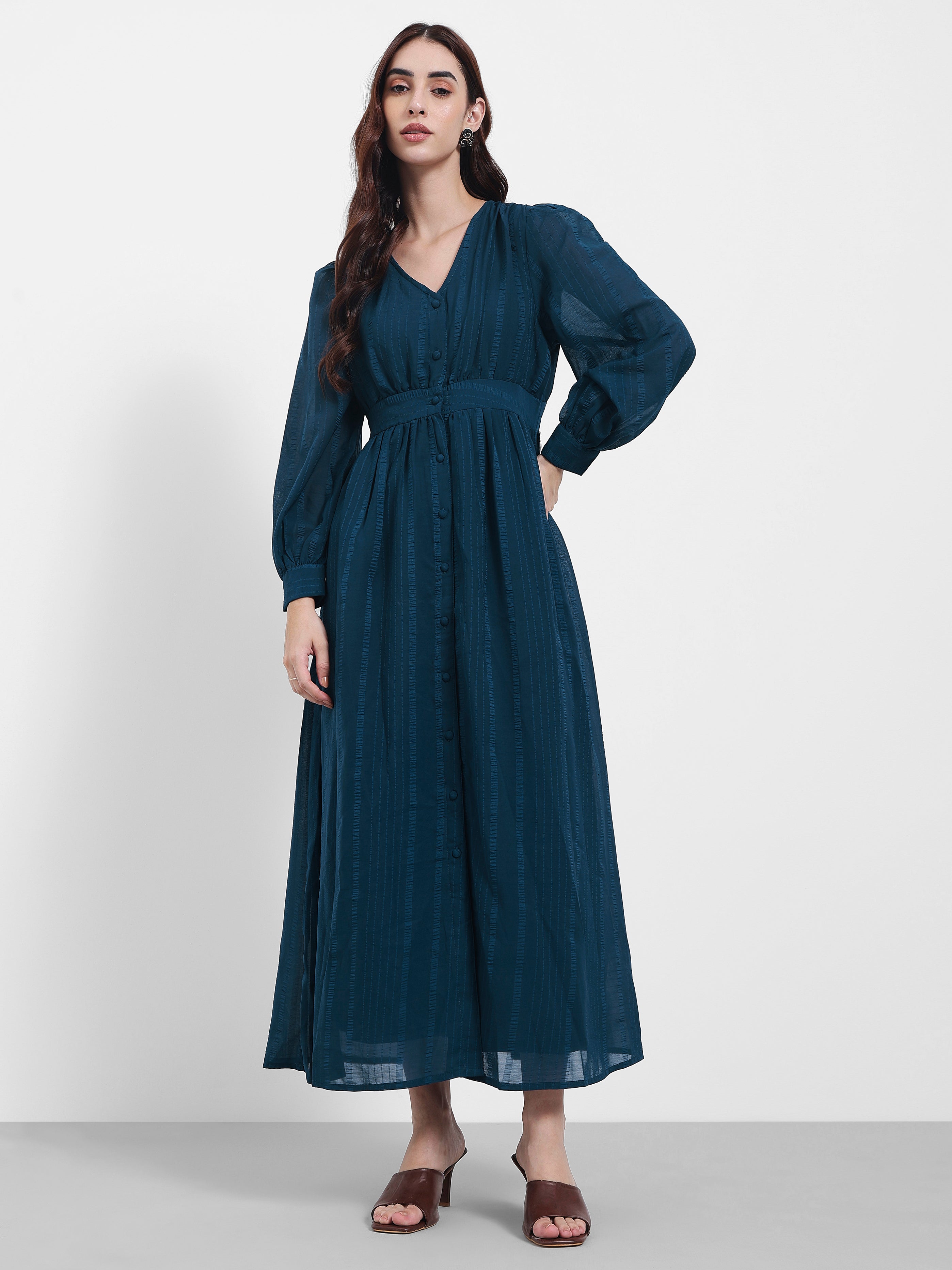 Women's Teal Volume Sleeve A-Line Maxi Dress