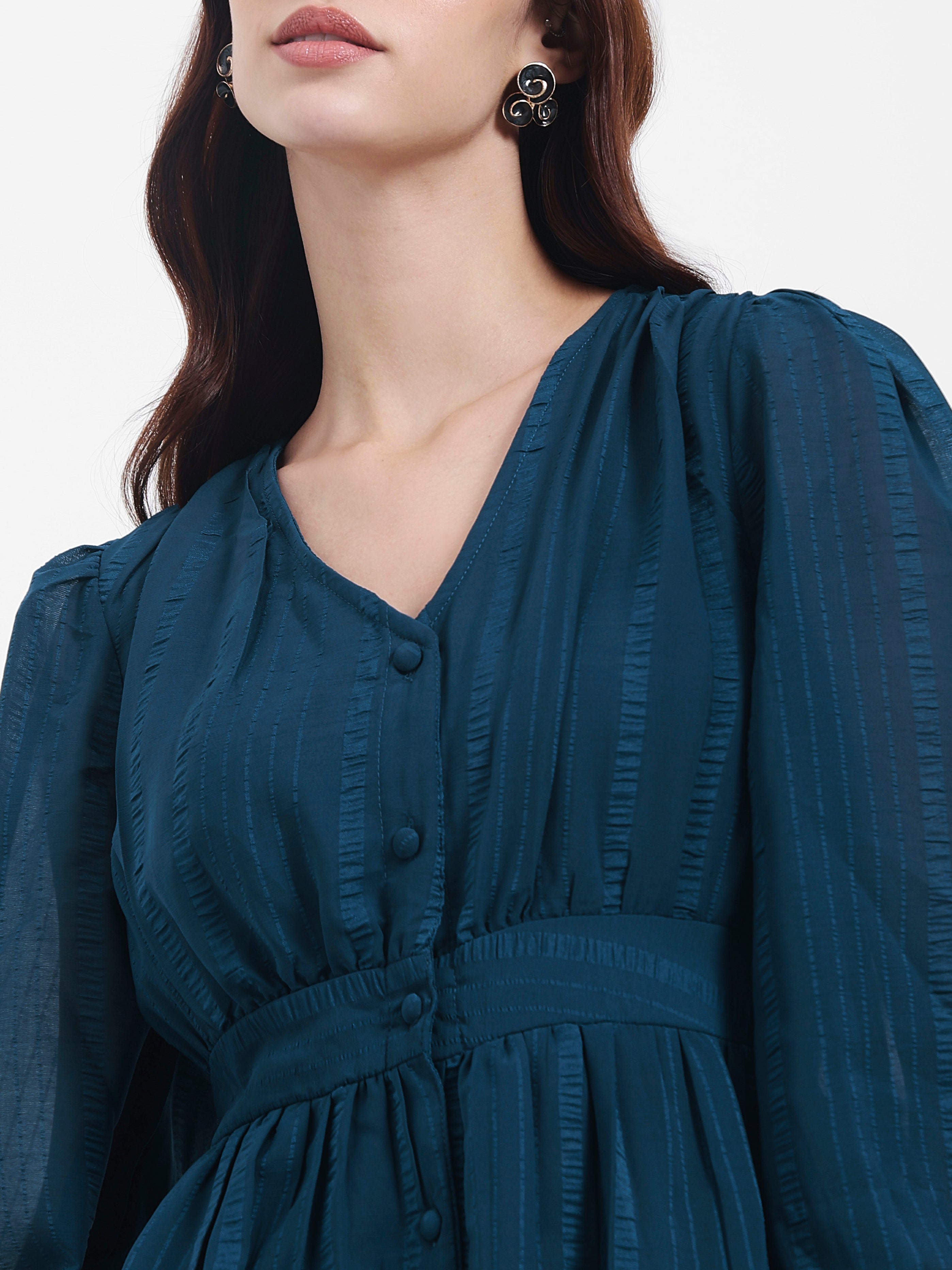 Women's Teal Volume Sleeve A-Line Maxi Dress