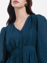 Women's Teal Volume Sleeve A-Line Maxi Dress