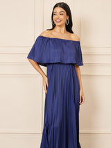 Women's Navy Blue Pleated Detail Off Shoulder A-Line Maxi Dress