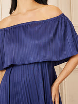 Women's Navy Blue Pleated Detail Off Shoulder A-Line Maxi Dress