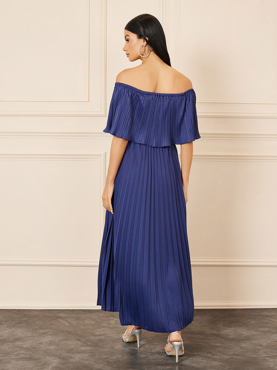 Women's Navy Blue Pleated Detail Off Shoulder A-Line Maxi Dress