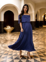 Women's Navy Blue Pleated Detail Off Shoulder A-Line Maxi Dress
