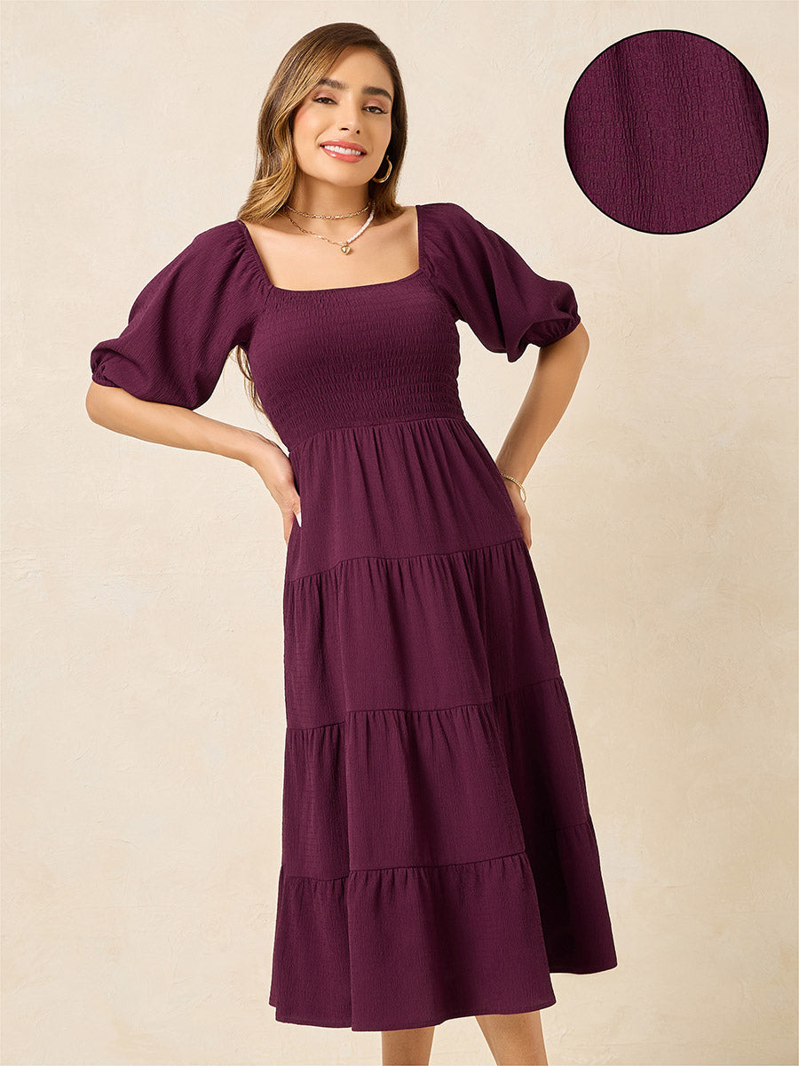 Women's Purple Puff Sleeves Smocked Midi Length Dress