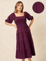 Women's Purple Puff Sleeves Smocked Midi Length Dress