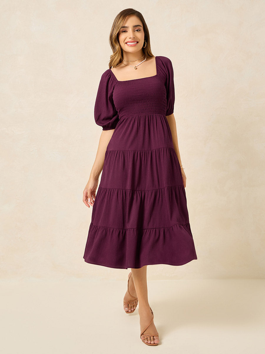 Women's Purple Puff Sleeves Smocked Midi Length Dress