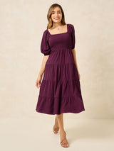 Women's Purple Puff Sleeves Smocked Midi Length Dress