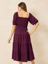 Women's Purple Puff Sleeves Smocked Midi Length Dress