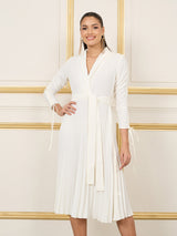 Women's Off-White Lapel Collar Wrap Tie Up Pleated Midi Dress
