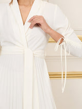 Women's Off-White Lapel Collar Wrap Tie Up Pleated Midi Dress
