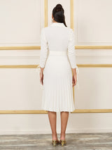 Women's Off-White Lapel Collar Wrap Tie Up Pleated Midi Dress