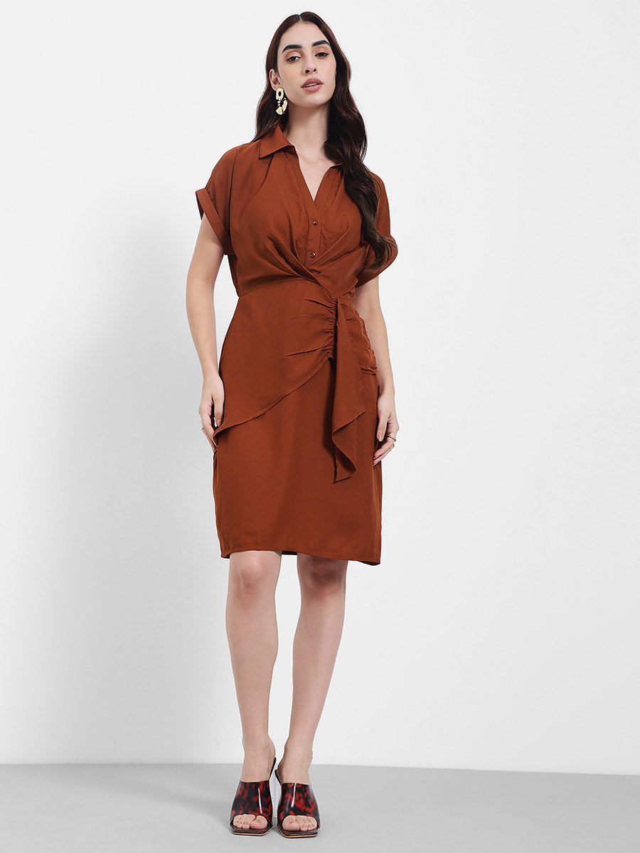 Women's Rust Brown Wrap Knee Length Dress In Sheath Shape