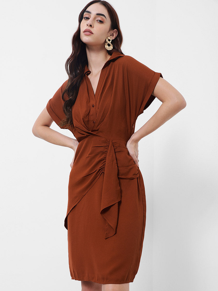 Women's Rust Brown Wrap Knee Length Dress In Sheath Shape