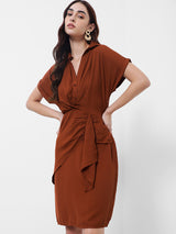 Women's Rust Brown Wrap Knee Length Dress In Sheath Shape