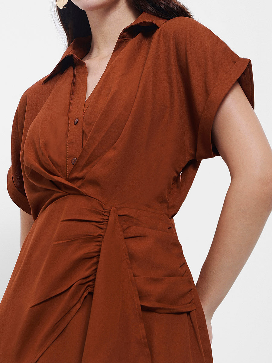 Women's Rust Brown Wrap Knee Length Dress In Sheath Shape