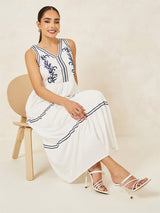 Women's White V-Neck Embroidered A-Line Maxi Dress
