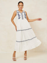 Women's White V-Neck Embroidered A-Line Maxi Dress