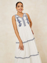 Women's White V-Neck Embroidered A-Line Maxi Dress