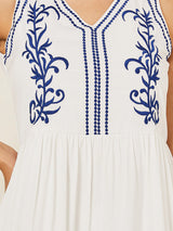 Women's White V-Neck Embroidered A-Line Maxi Dress