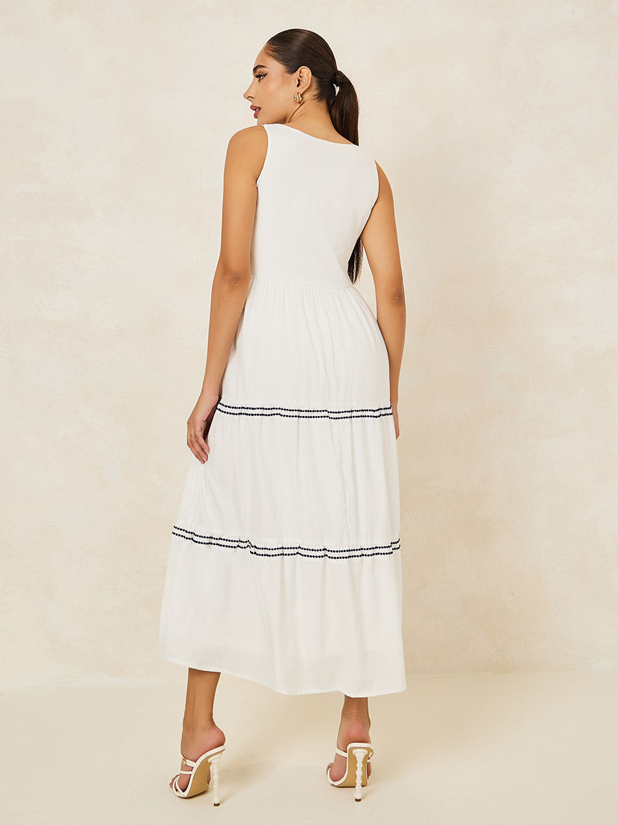 Women's White V-Neck Embroidered A-Line Maxi Dress