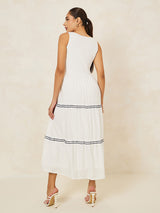 Women's White V-Neck Embroidered A-Line Maxi Dress
