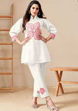 Women's White Casual Regular Fit Embroidered Three Quarter Sleeves Co-Ord Sets