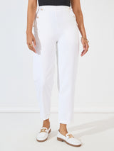 Women's Casual Highwaist Straight Leg Trouser with Elastic Wait at Back with Decorative Buttons | White