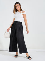 Women's Casual Solid Wide Leg Paper Bag Waist Pleated Pants | Black