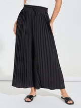 Women's Casual Solid Wide Leg Paper Bag Waist Pleated Pants | Black