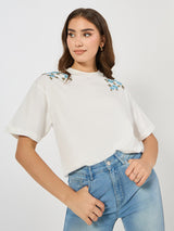 Women's White Casual Oversized Fit Printed Half Sleeves Tshirt