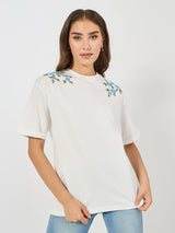 Women's White Casual Oversized Fit Printed Half Sleeves Tshirt