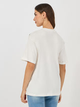 Women's White Casual Oversized Fit Printed Half Sleeves Tshirt