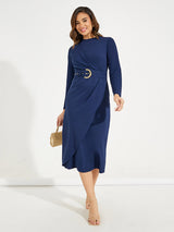 Women's Navy Blue High Neck Wrap Front Belted Midi Dress