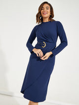 Women's Navy Blue High Neck Wrap Front Belted Midi Dress