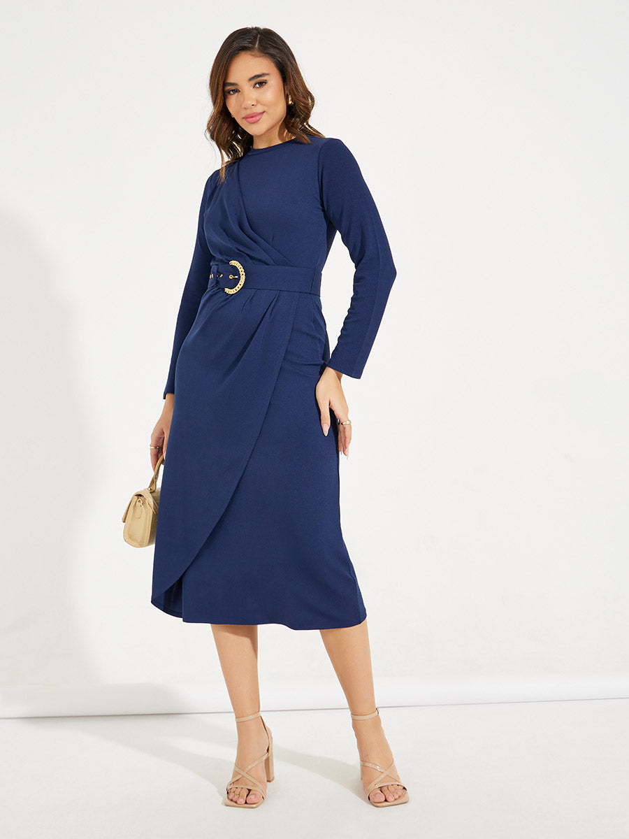 Women's Navy Blue High Neck Wrap Front Belted Midi Dress