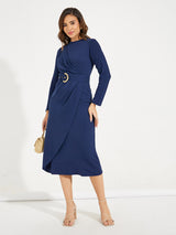 Women's Navy Blue High Neck Wrap Front Belted Midi Dress