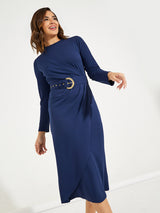 Women's Navy Blue High Neck Wrap Front Belted Midi Dress