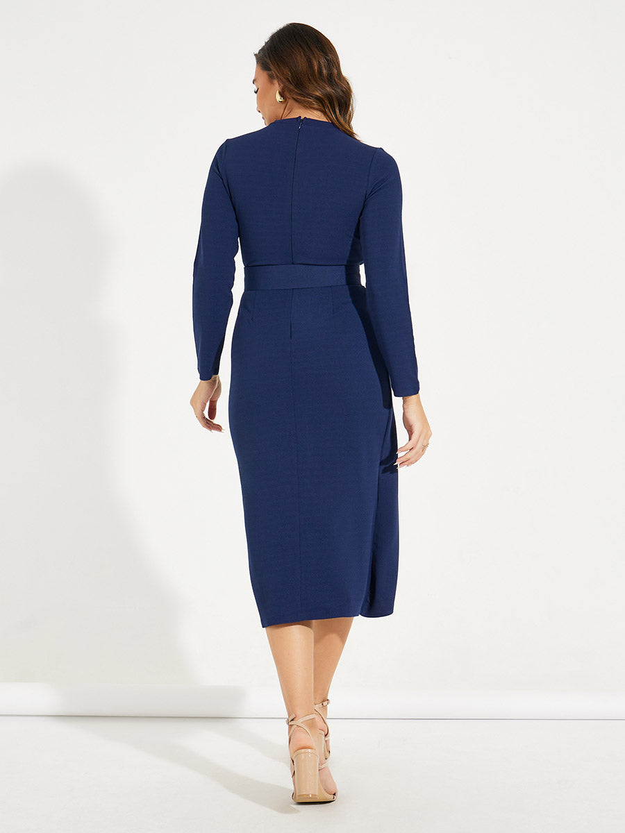 Women's Navy Blue High Neck Wrap Front Belted Midi Dress