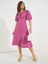 Women's Purple Mock Wrap Notch Collar Midi Dress with Puff Sleeves