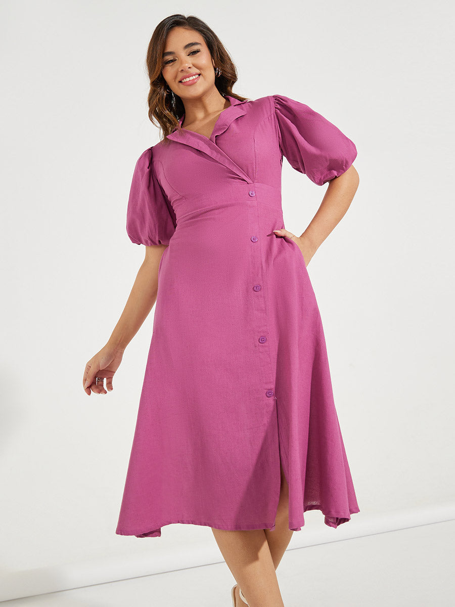 Women's Purple Mock Wrap Notch Collar Midi Dress with Puff Sleeves