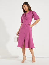 Women's Purple Mock Wrap Notch Collar Midi Dress with Puff Sleeves