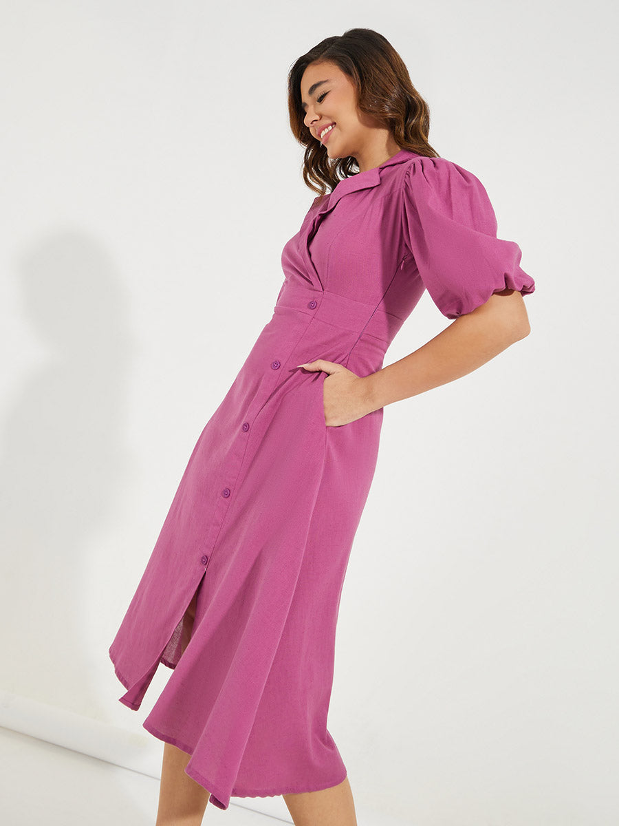 Women's Purple Mock Wrap Notch Collar Midi Dress with Puff Sleeves