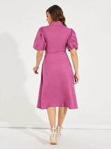 Women's Purple Mock Wrap Notch Collar Midi Dress with Puff Sleeves
