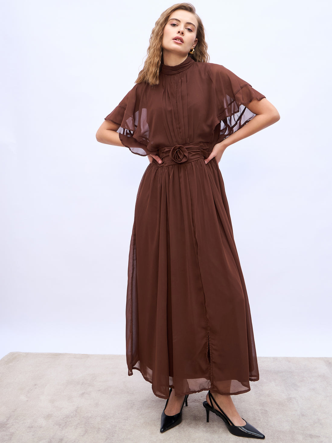 Women's Brown A-Line Maxi Dress With Corsage Detail At Waist