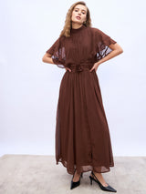 Women's Brown A-Line Maxi Dress With Corsage Detail At Waist