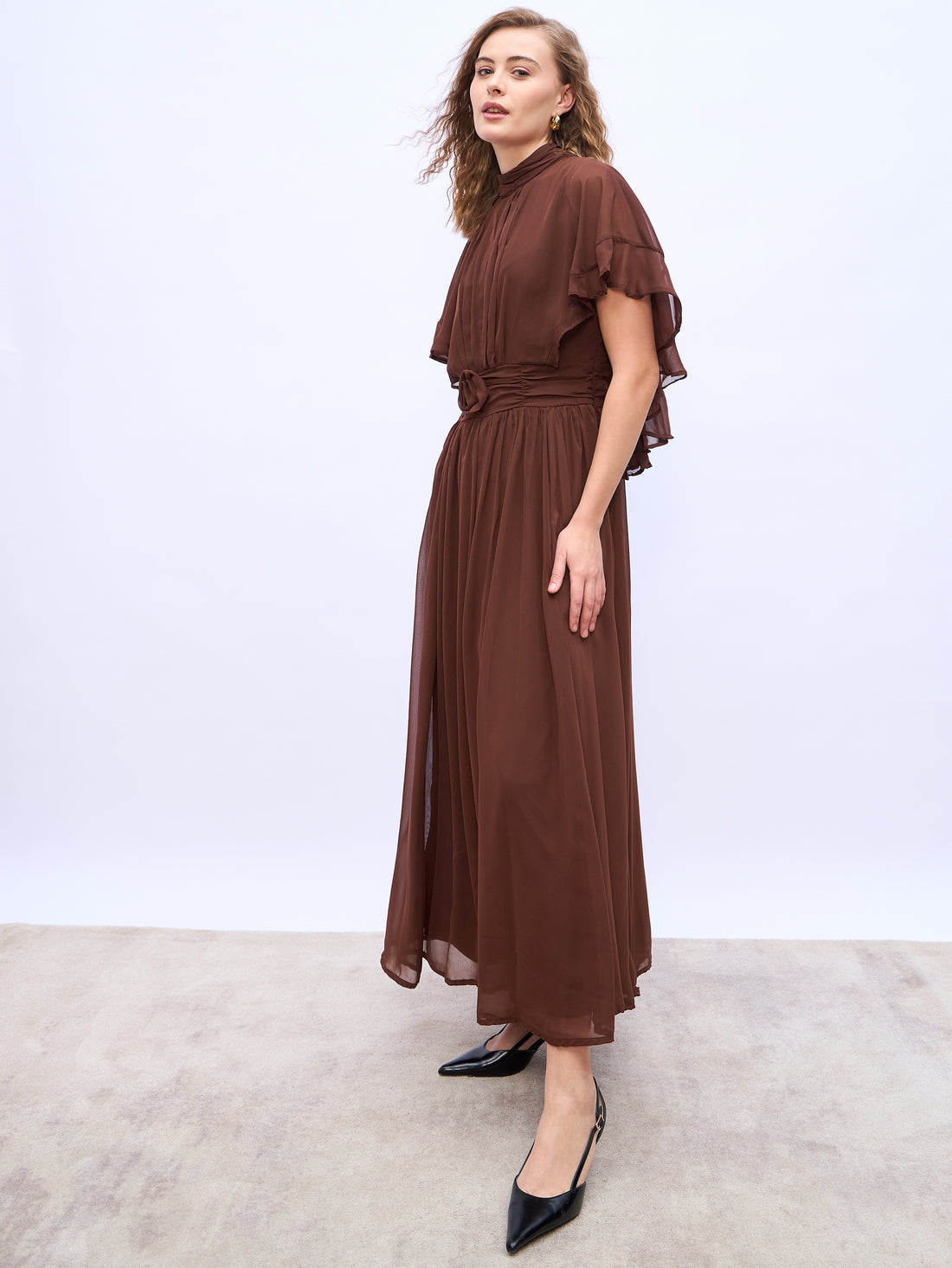 Women's Brown A-Line Maxi Dress With Corsage Detail At Waist