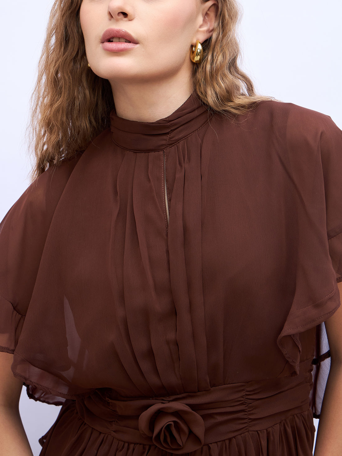 Women's Brown A-Line Maxi Dress With Corsage Detail At Waist