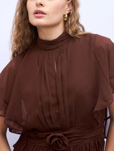 Women's Brown A-Line Maxi Dress With Corsage Detail At Waist