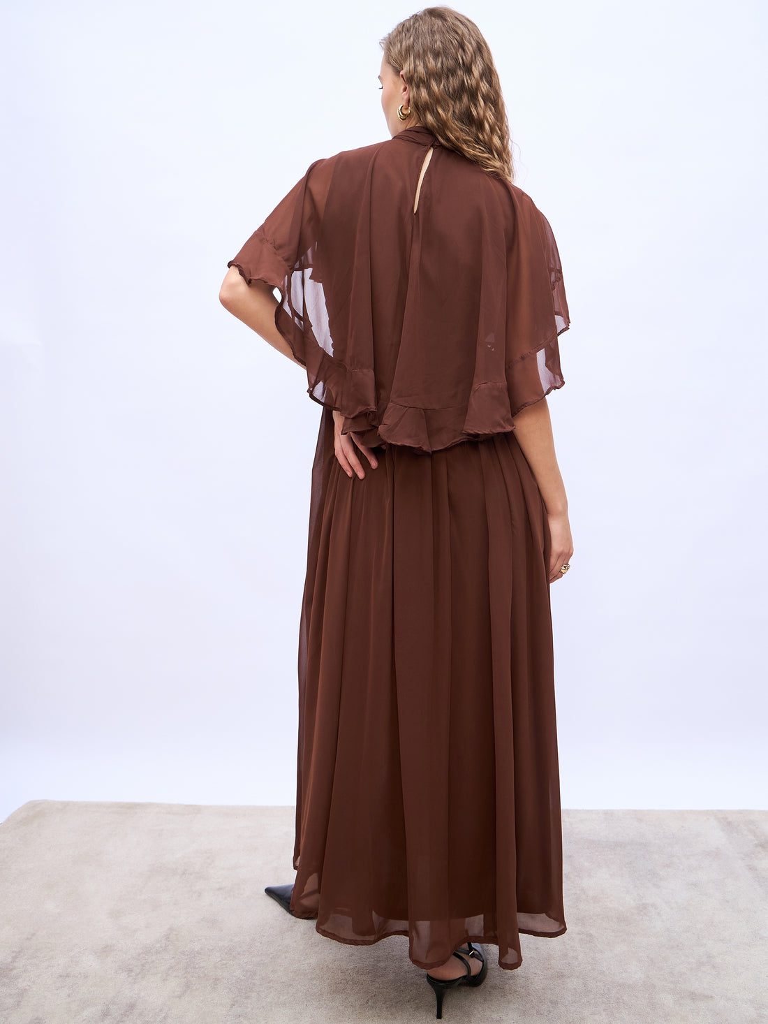 Women's Brown A-Line Maxi Dress With Corsage Detail At Waist